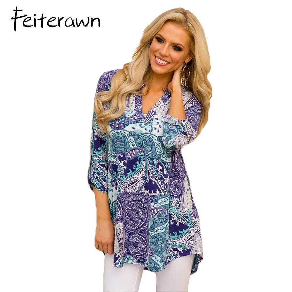 Feiterawn Floral Blouse Women Magenta Paisley Blossom Print Slight V Neck Blusas 2018 Lady Big Size Roll Up Sleeve Slit Blouses |