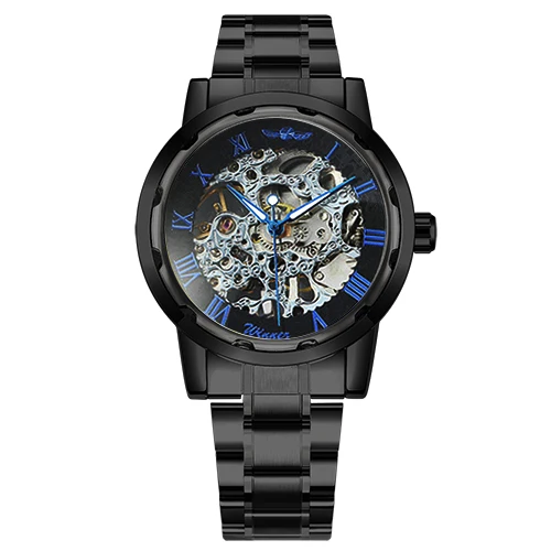 BLACK BLUE SILVER Победитель, механические часы для мужчин, ручная работа, стальные часы, римские цифры, скелет, наручные часы, светящиеся руки, reloj hombre - Цвет: BLACK BLUE SILVER