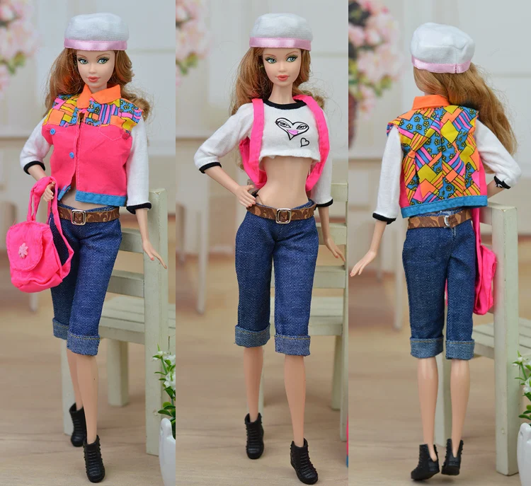 Оригинальный костюм для отдыха футболка джинсы сумка шляпа туфли кукольные