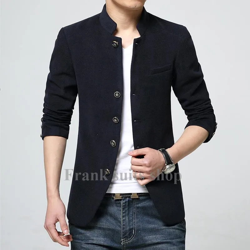 

На заказ 2017 новейшая мужская темно-синяя модная куртка с воротником-стойкой, тонкая однотонная мужская модная одежда, мужское шерстяное пальто, популярное пальто