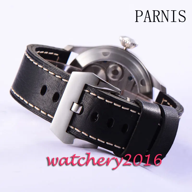 Модные 47 мм Parnis черные кожаные часы с циферблатом из нержавеющей стали 17