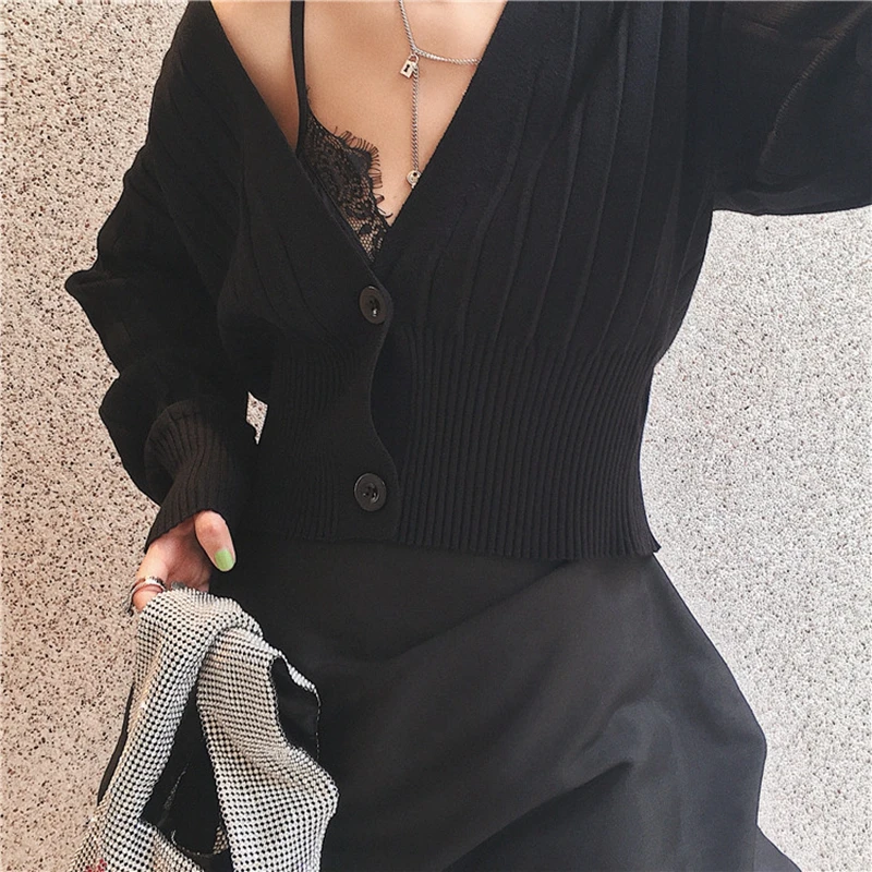 crop sweater Зимний Кардиган женский свитер с глубоким v-образным вырезом Укороченный кардиган корейский женский кавайный Ребристый черный вязаный короткий свитер осень - Цвет: crop sweater