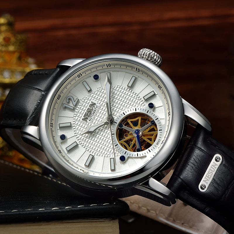 NESUN Men Simple Fashion Tourbillon Hollow Automatic Mechanical Wristwatches Waterproof Leather Watches Male Relogio Masculino | Наручные