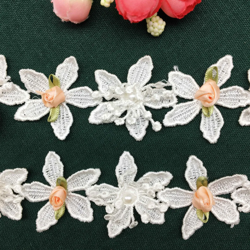 

2 yard Pearl Rose Flower Leaves Lace Trim Fabric Embroidered Applique Ribbon Vintage Wedding Dress For Costume Hat Decoration