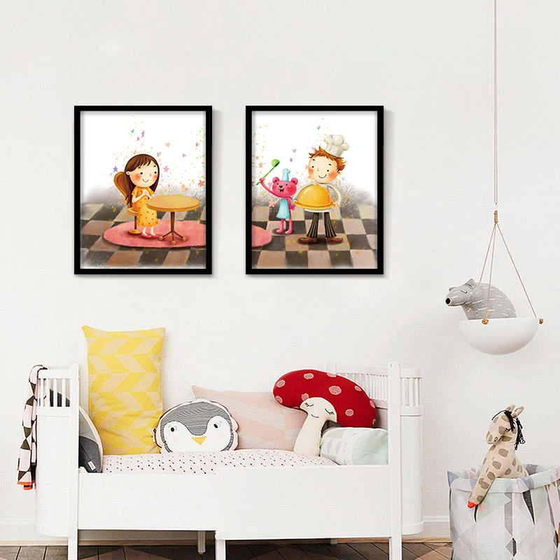 Милый мультфильм мальчик и девочка холст настенная живопись детская спальня