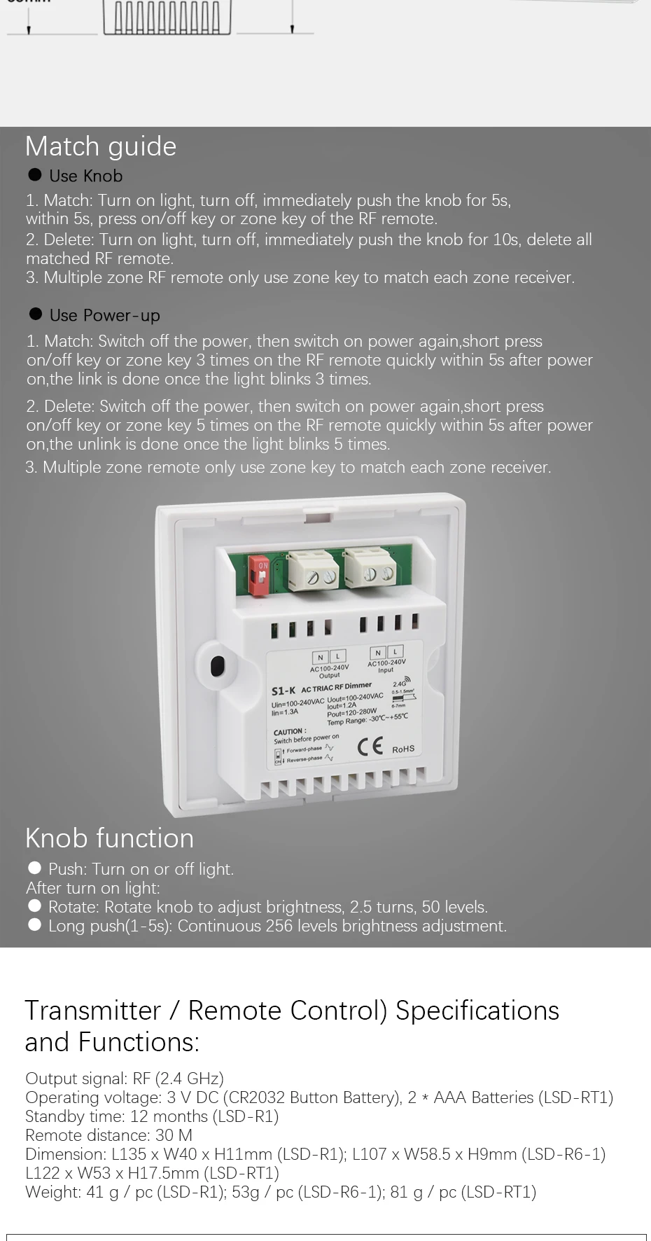 AC симистор светодиодный диммер 220V 110V Беспроводной RF поворотный Стекло Панель диммер с 2,4G пульт дистанционного управления для одного Цвет светодиодный лампы