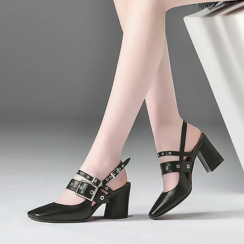 Women Genuine Leather Sandals Black White Stud Square toe Block High Heels Ankle Buckle Strap Platform Pumps Sandalias Mujers | Обувь