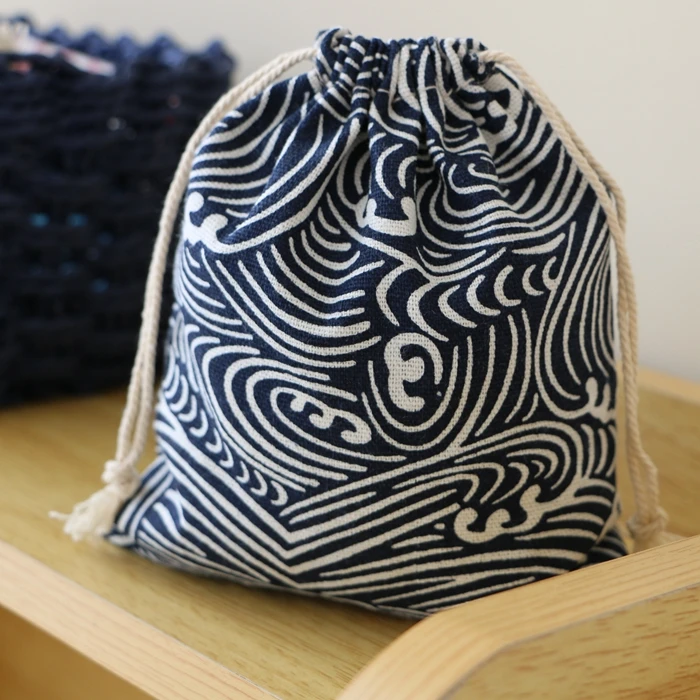 

High Quality Cotton Bags Wholesale 10pcs 14*16cm Blue Wave Line Design Fashion Drawable Travelling Storage Pouch Jewelry Bags