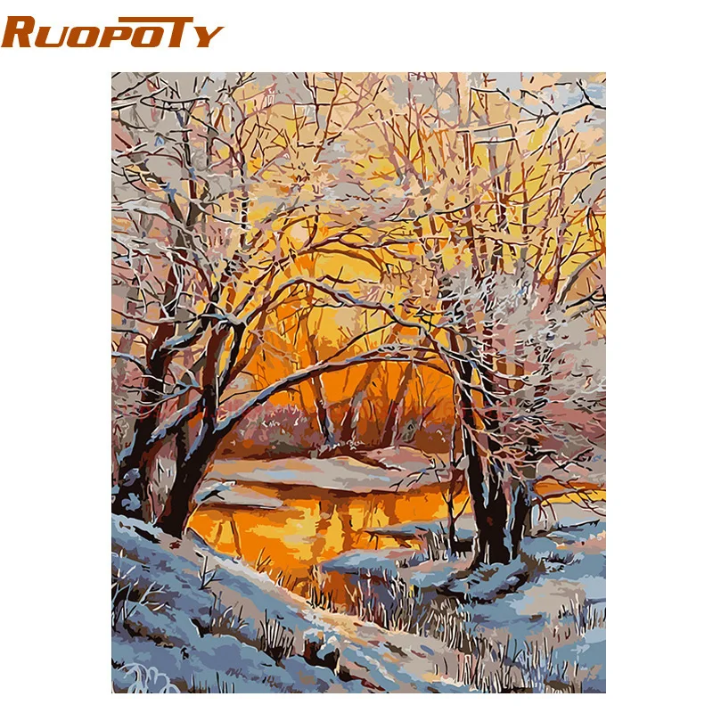 RUOPOTY рама Снежная DIY картина по номерам пейзаж Ручная роспись Картина маслом