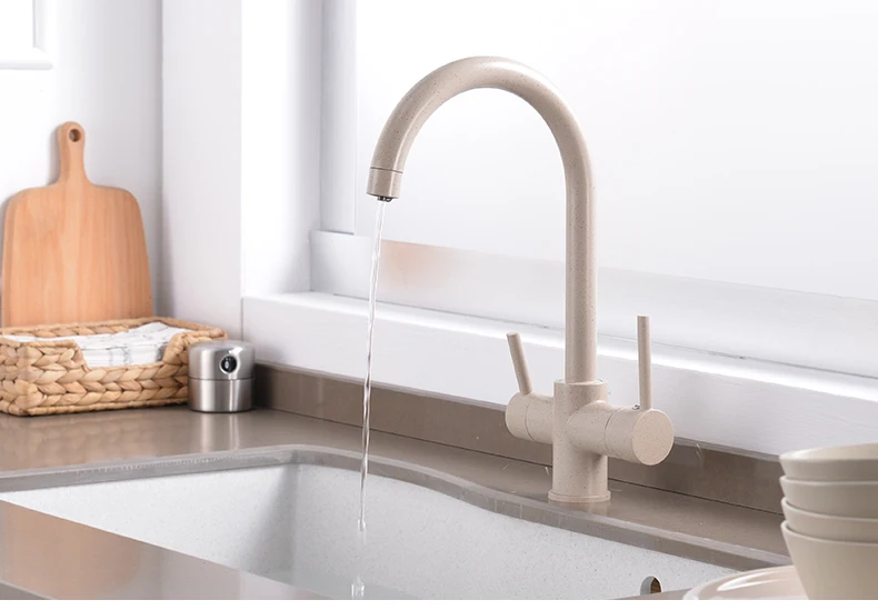 Beige bending Drinking Water Purification Tap Kitchen sink mixer Design 360 Degree Rotation filtered Kitchen Faucet Dual Handle