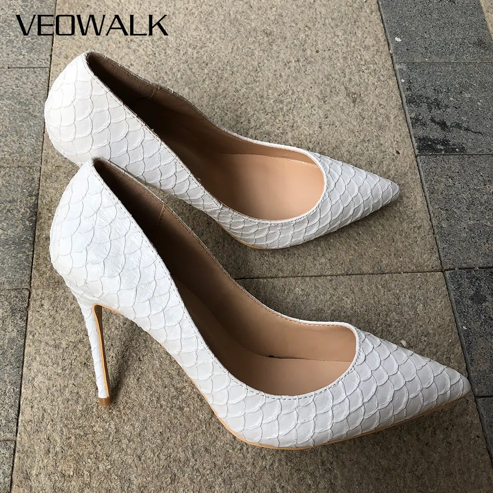 Veowalk/Женские Белый рельефная с узором «крокодиловая кожа» Для женщин сексуальный stileeto высокие каблуки женские туфли-лодочки с острым носком женские туфли на выход 8/10/12 сантиметров