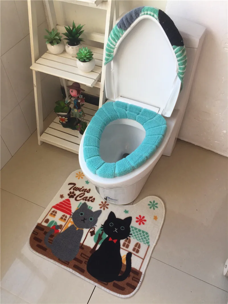 New Soft Cartoon Cat Thickening Bathroom Warm Toilet 3 Piece Set Seat Cushion Cover U Shape Bath Mat Pad | Дом и сад