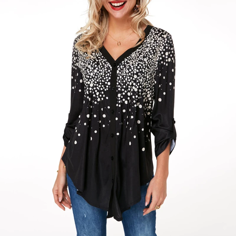 Новая мода Винтаж длинный рукав горошек печати плиссированные V шеи женские