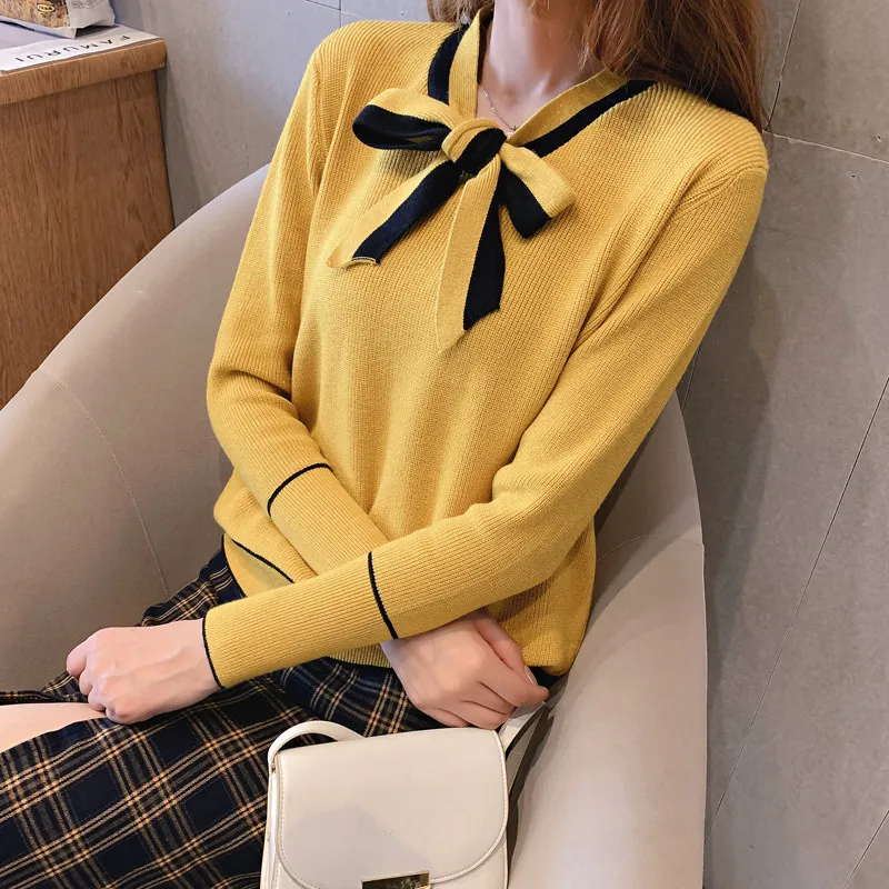 Bow Women Autumn Fashion Cute Knitted Sweater Pullover High Quality Pull Femme 2019 New Winter Long Sleeve Casual Slim Tops | Женская