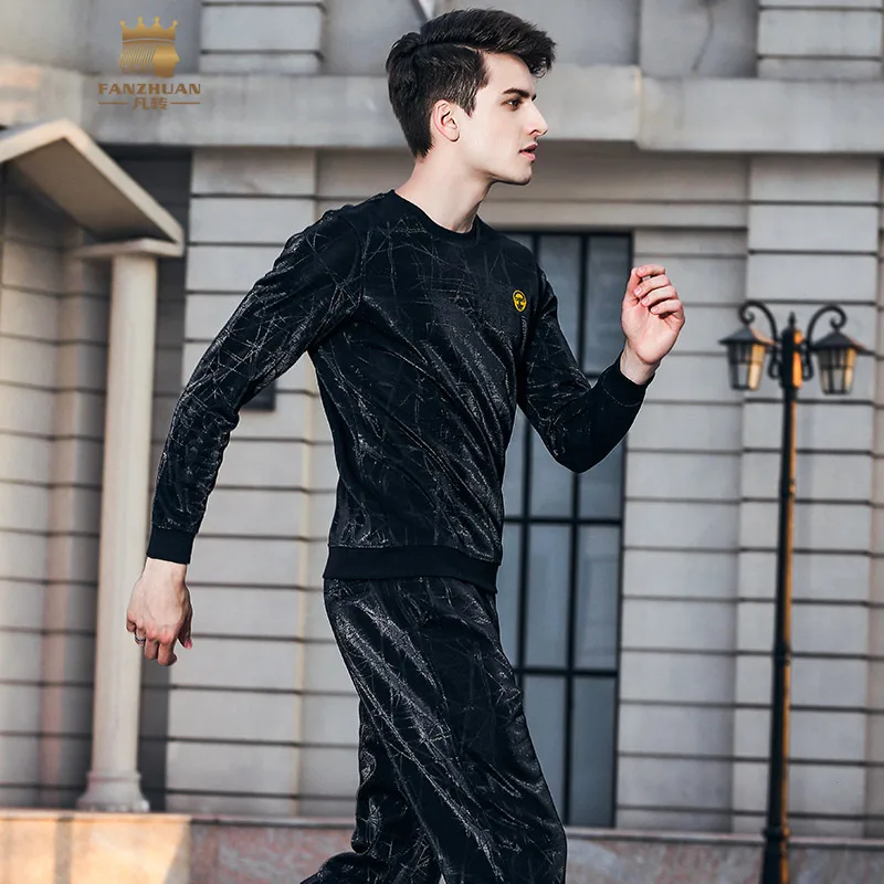 Fanzhuan Free Shipping New 2018 autumn winter male Men's long sleeved top pants plus velvet two-piece set suit printed 811023 | Мужская