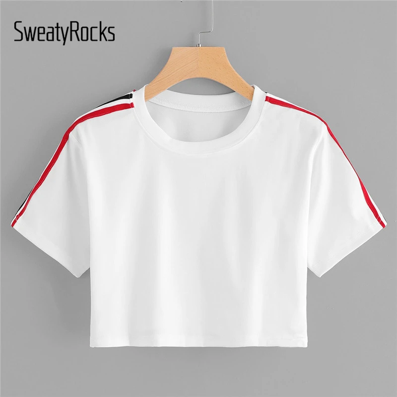 SweatyRocks белая полосатая короткая футболка с короткими рукавами, одежда для активного отдыха, топ с круглым вырезом, модная летняя женская уличная одежда, футболки Basics