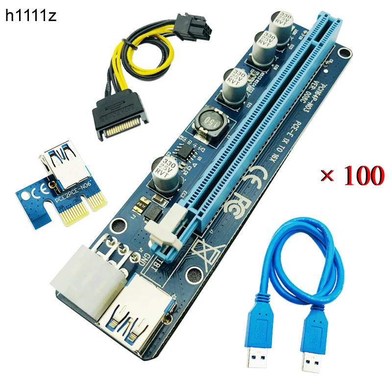 100 шт. обновленная версия VER 008C PCI-E Riser Express Card 1x до 16x удлинитель 6Pin кабель питания