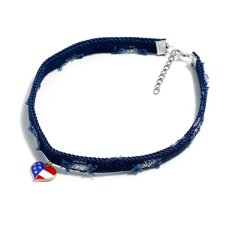 Hot Sale Style Flag of the United States Choker Necklace for Women Girls Gift Simple Star Heart Pendant Jean Chain Neck | Украшения и