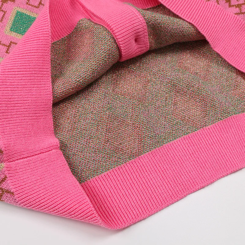 2019 весенний модный вязаный свитер в стиле ретро с розовыми ромбовидными клетками