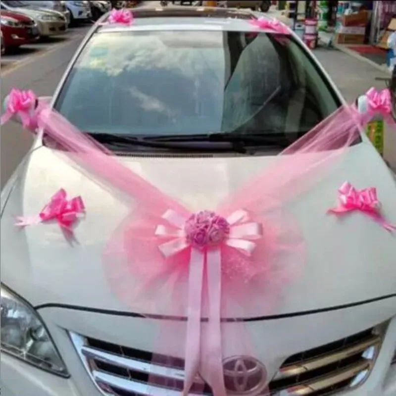 Wedding Decoration Car Flowers Artificial Organza Bow Rose Foam Flower Ribbon Wedding Decorative Garlands Set Wreath Table - Цвет: Pink