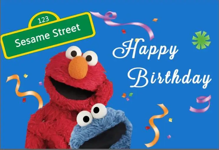 

Sesame Street Elmo Blue Wall Happy Birthday Ribbons Cartoon animal Background Vinyl cloth Computer printed wall backdrop