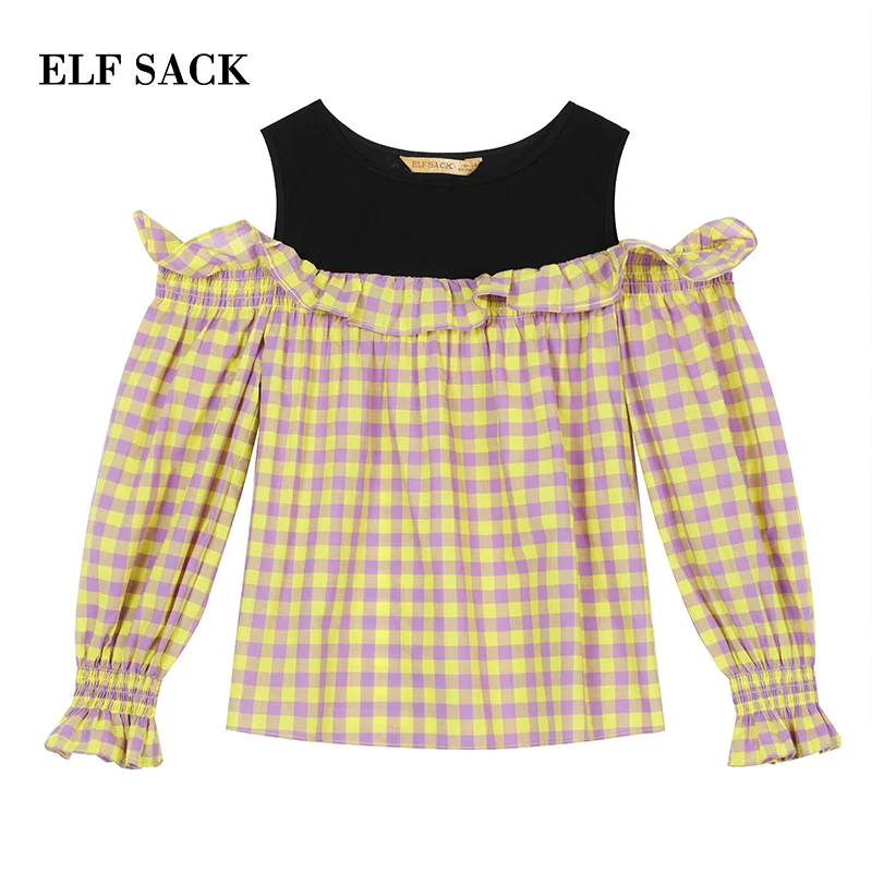 ELFSACK, летняя Новинка, хлопковая Повседневная Женская блузка, стильная клетчатая женская рубашка с круглым вырезом и рукавом-бабочкой, женская рубашка OL
