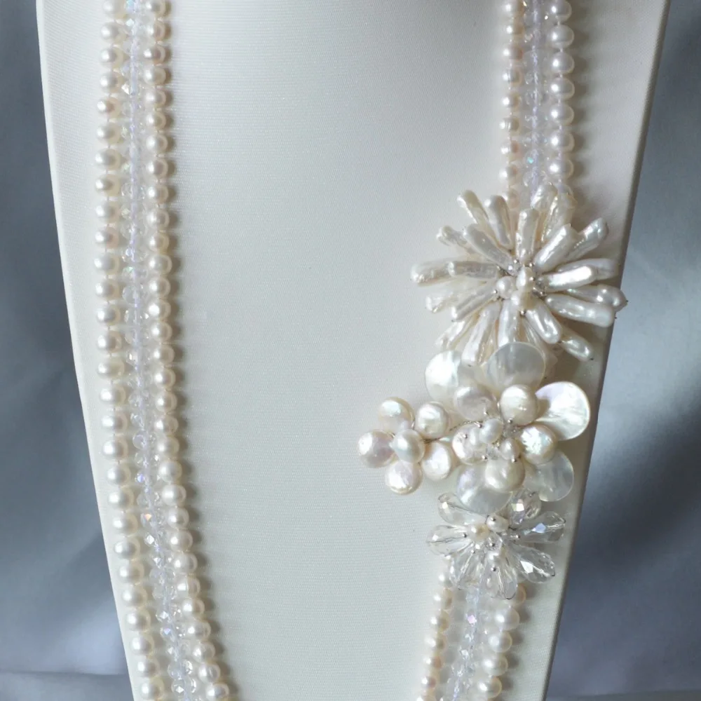 

Fashion Women Chain Jewelry White Coin Pearl Nearround Freshwater Flower Statement Necklace Hot Selling