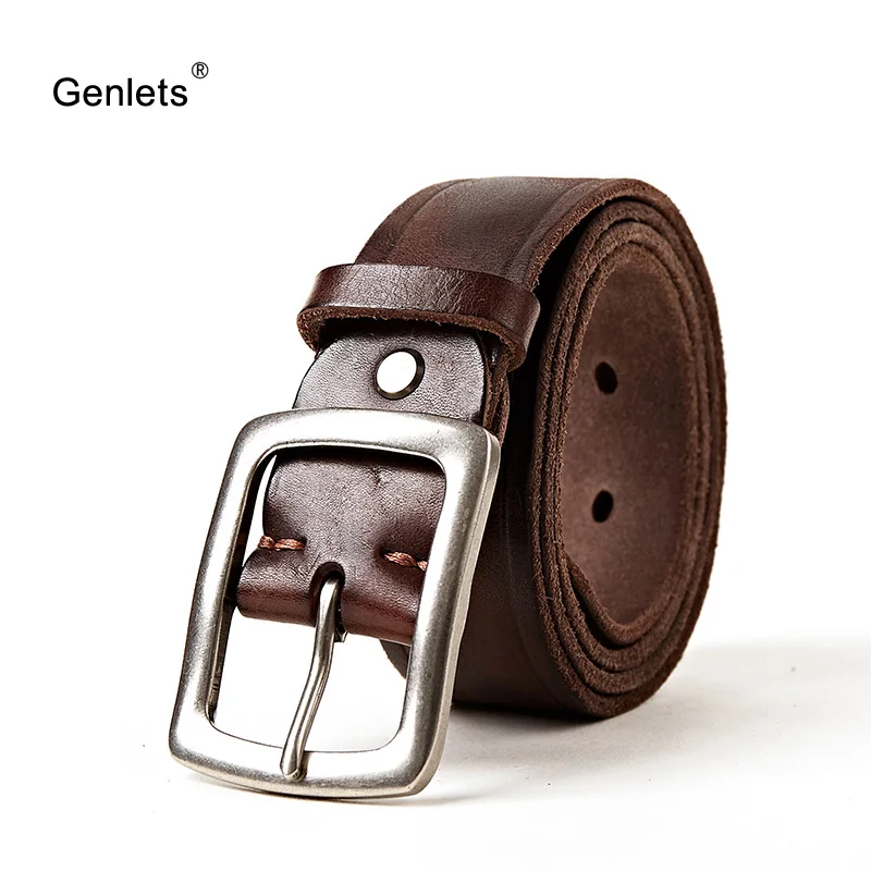 Мужской кожаный ремень с винтажной пряжкой коричневый из натуральной воловьей