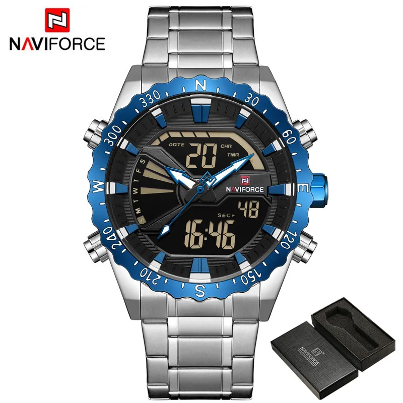 NA913605 with box Мужские часы NAVIFORCE, мужские военные спортивные часы, светодиодный Аналоговый Цифровой наручные часы, модные мужские кварцевые часы из нержавеющей стали 9136 - Цвет: NA913605 with box