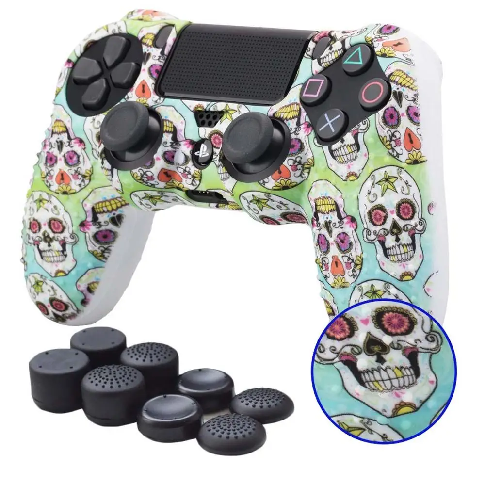 color skull YOTEEN 9 в 1 Камуфляж Граффити шипованные точки силиконовый резиновый гель кожа для sony PS4 Slim/Pro контроллер чехол для Dualshock4 - Цвет: color skull