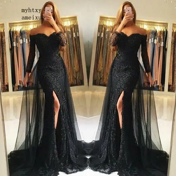 Черный с длинными рукавами сексуальный Боковой разрез мягкий Кружевной Тюль