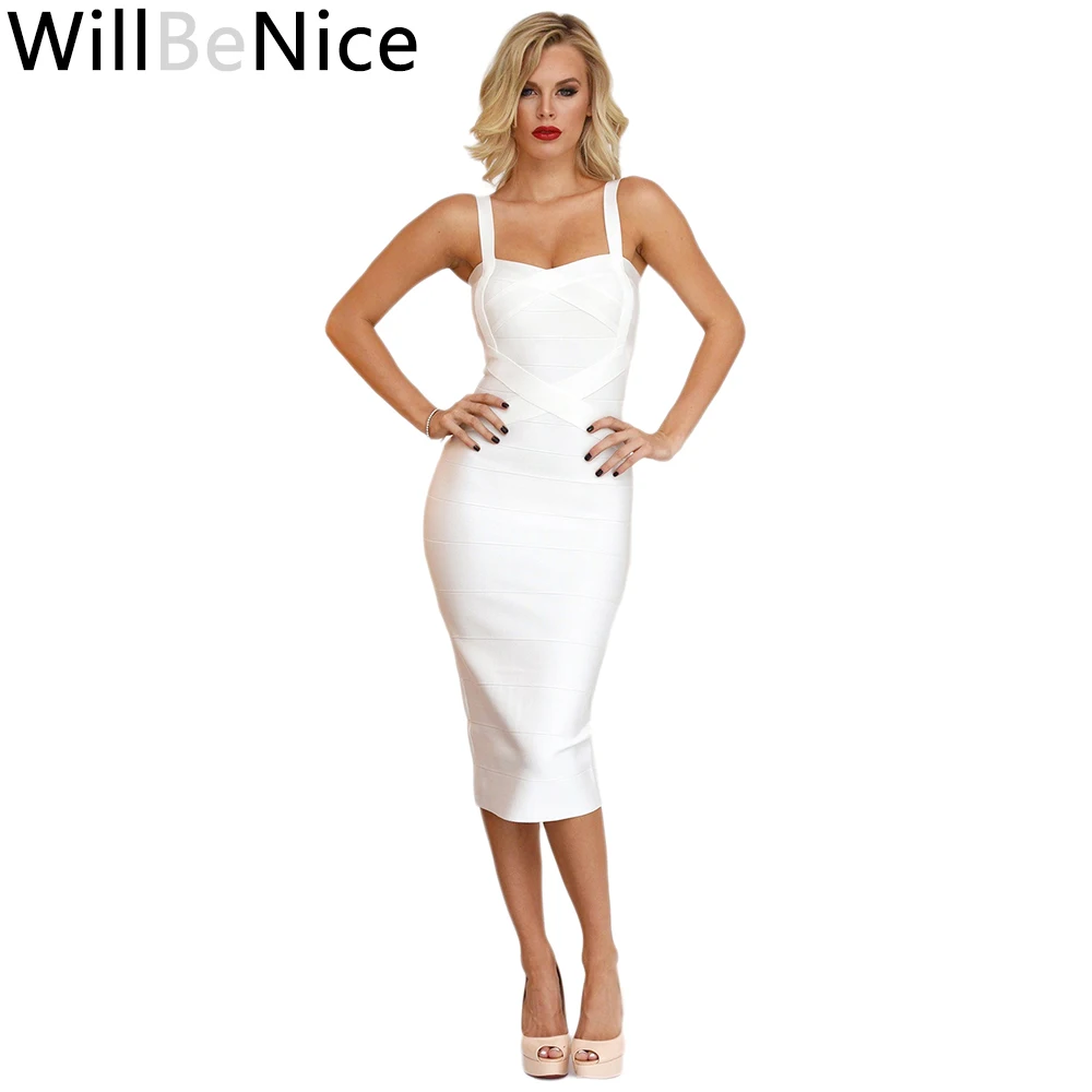 

WillBeNice White 2019 Mid Calf Spaghetti Strap Sexy Sweetheart Neckline Women Sleeveless Bodycon Bandage Dresses Bodycon Pencil