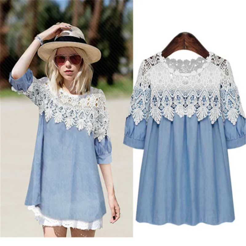 

Half Sleeve Women Casual T-Shirt New Style Lace Denim Tops Korean Summer Women Chic T-Shirts Got Selling