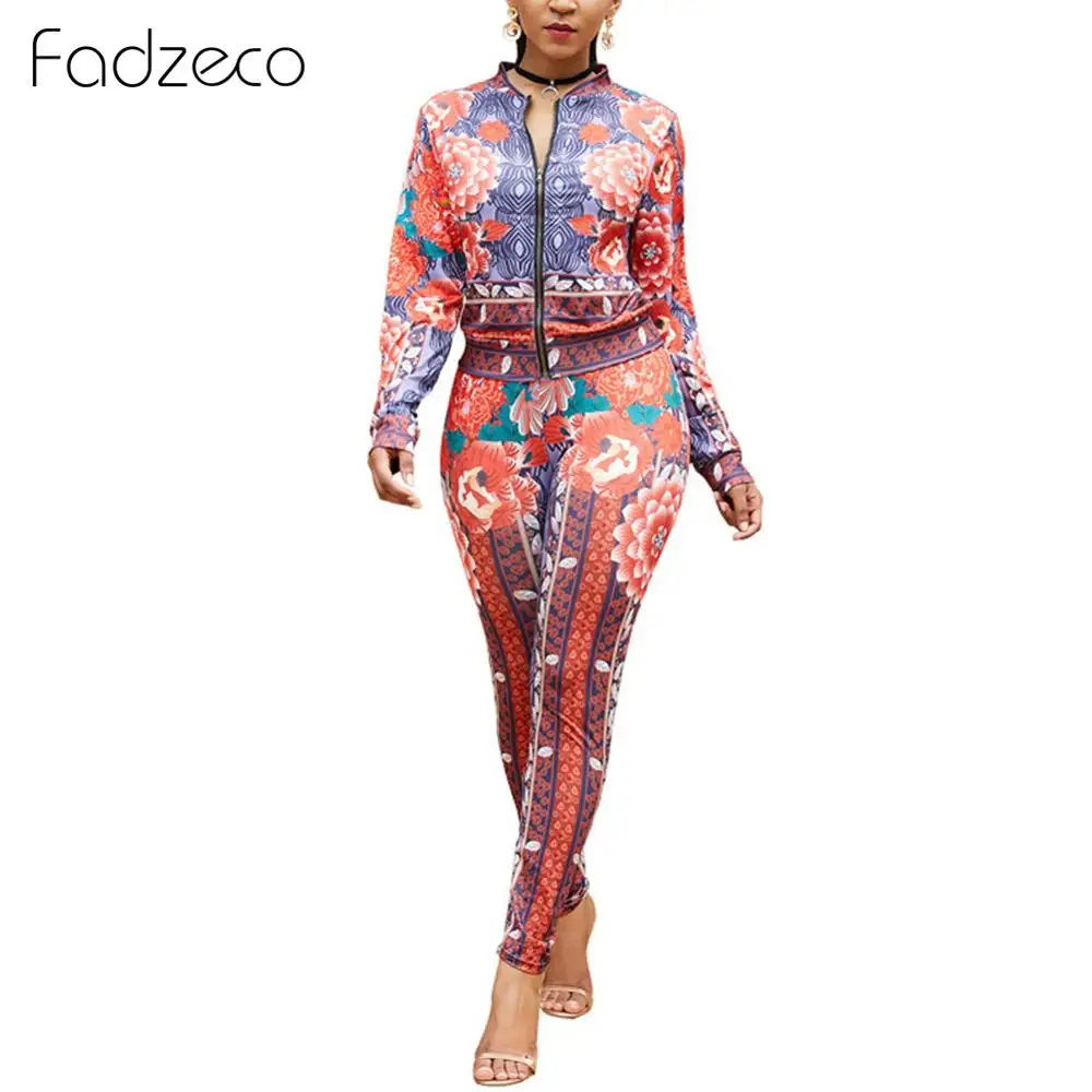 Red Fadzeco африканская одежда для женщин комплект из 2 предметов Повседневная куртка с длинными рукавами и цветочным принтом пальто Топ Брюки спортивные костюмы Комбинезоны - Цвет: Red