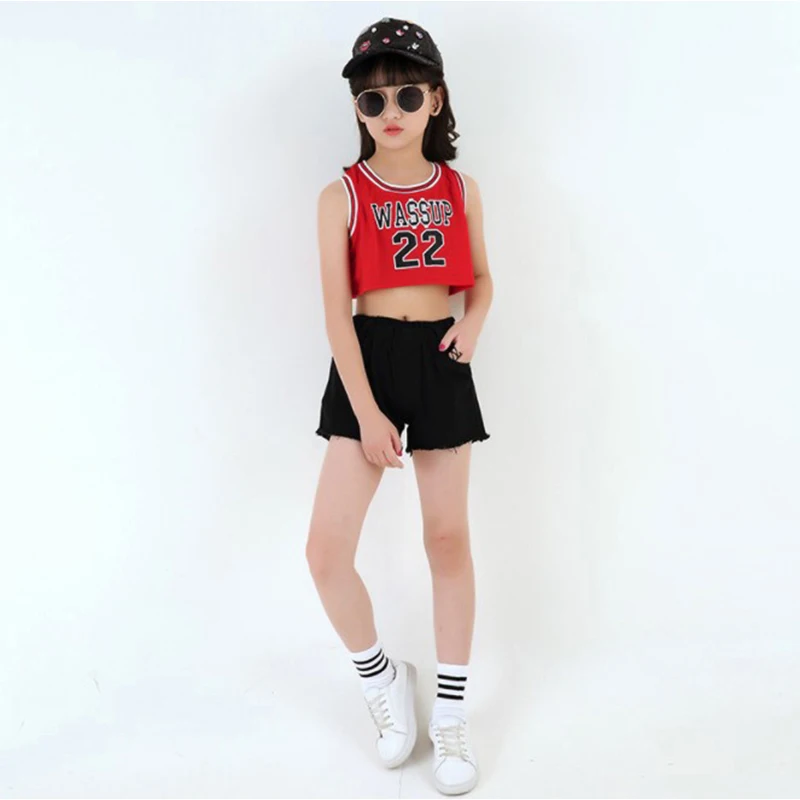 KTLPARTY Дети Девочка red WASSUP хип хоп костюм футболка черные белые брюки Современный