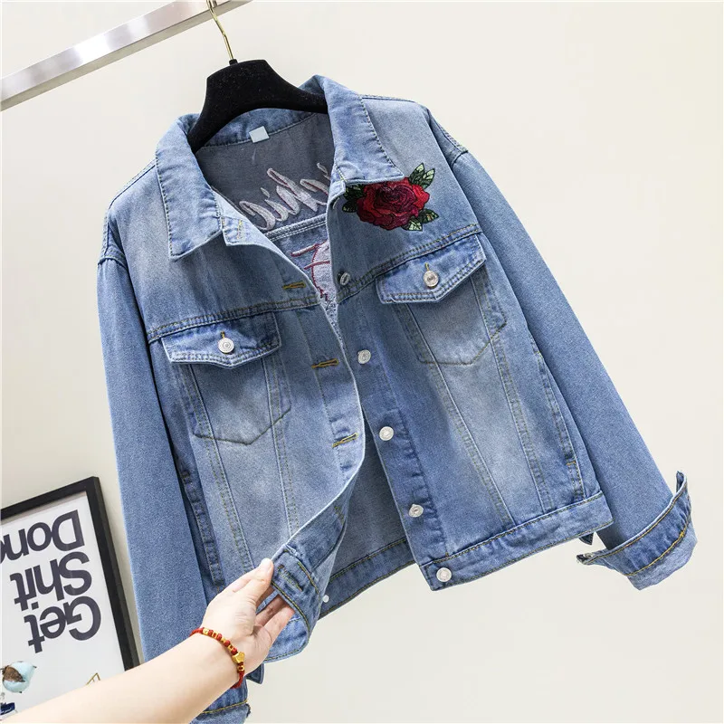 2019 модная женская джинсовая куртка с вышивкой повседневная длинными рукавами и