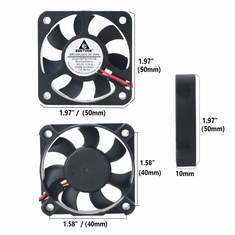 100 Pieces Gdstime 5V 5010 50x50x10mm 5cm Heatsink Brushless DC Cooling Fan 50mm x 10mm 2Pin 2.0