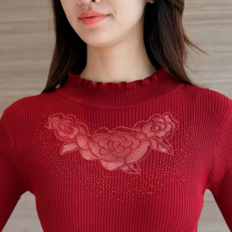Women Pullovers 2019 Autumn Fashion Flower Lace Patchwork Pullover Sweaters Mujer Casual Long Sleeve Diamond Knitted Pull Femme | Женская