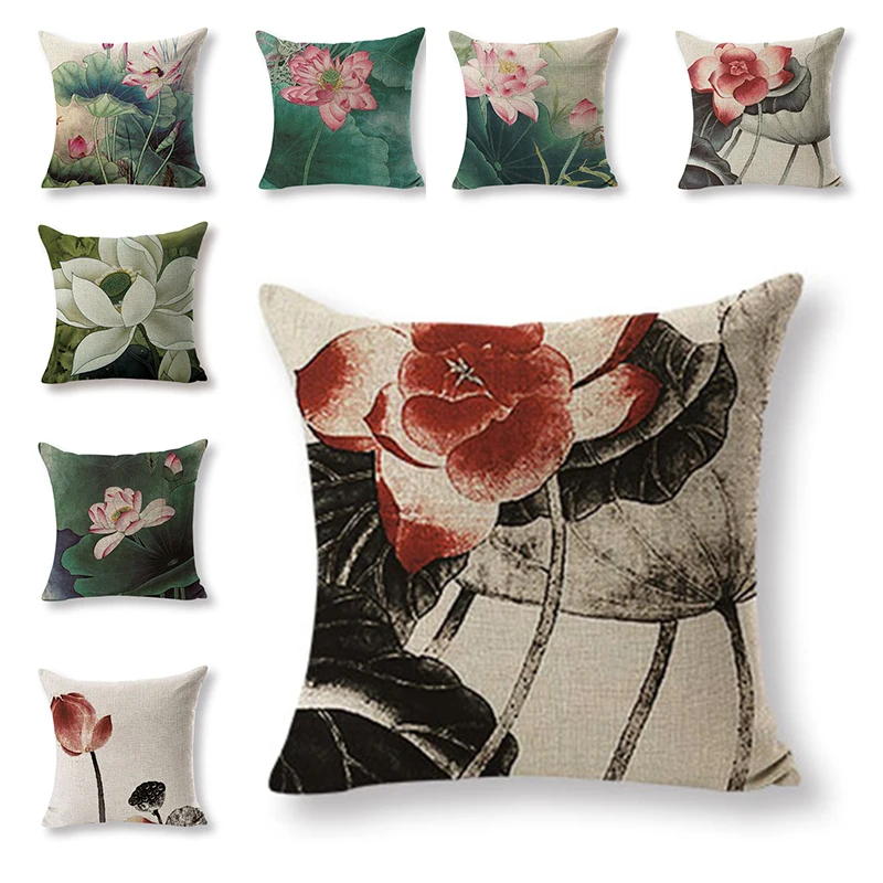 

Лотос Ретро стиль декоративная подушка, лен чехол домашний диван Подушка Чехлы для домашнего декора чернильная подушка с лотосом чехол Авт...