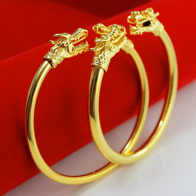 

1pc Double Dragon Head Smooth Cuff Bangle for Men Women 18K Gold Charm Bangle Bracelet High Quality Jewelry