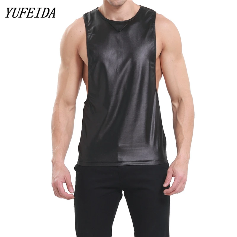 

Sexy Men Tank Tops Sleeveless PU Leather Sports Fitness Male Tops Tees Roupas Masculinas Club stage T-shirt Causal Loose Costume