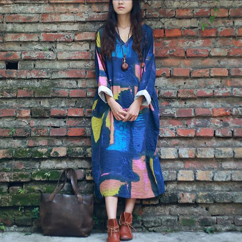 Женское длинное платье из хлопка и льна Свободное с длинным рукавом V-образным