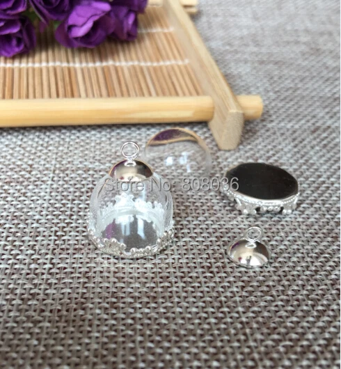 

Free shipping NEW 100sets/lot 15mm half glass globe & silver base&6mm cap silver set glass bubble DIY glass vial cover