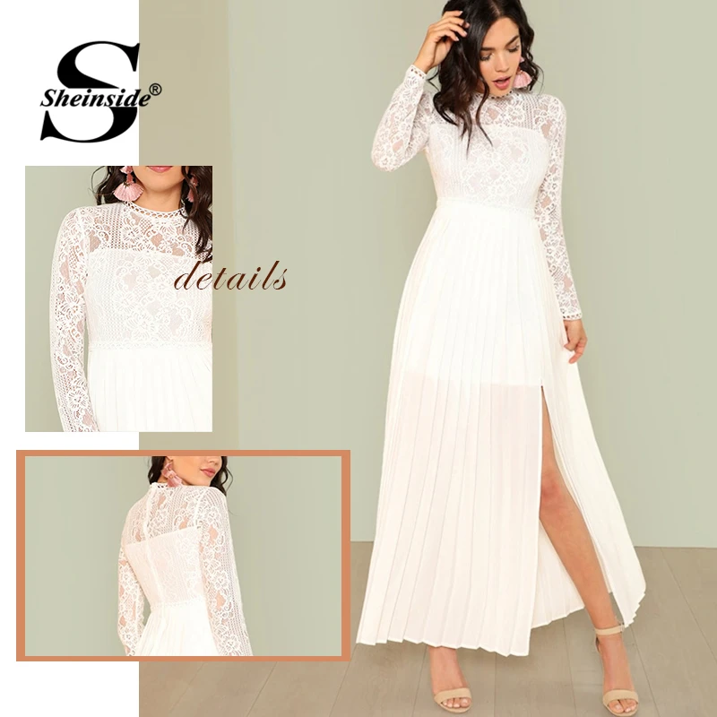 Sheinside, элегантное, цветочное, кружевное, Сетчатое, белое платье, для женщин,, одноцветное, плиссированное, панель, макси, платья с высокой талией, боковое, с разрезом, ТРАПЕЦИЕВИДНОЕ ПЛАТЬЕ