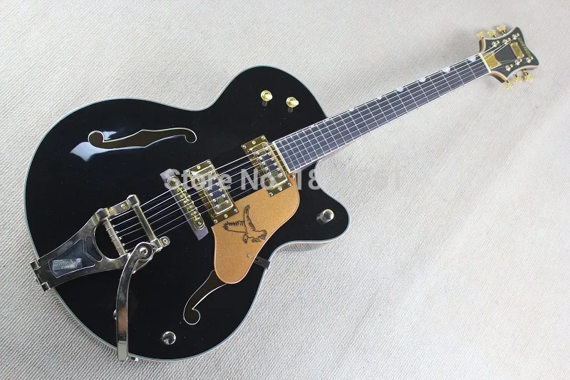 Бесплатная доставка черный Gretsch эбони Сокол 6120 Полу полый Средства ухода за кожей