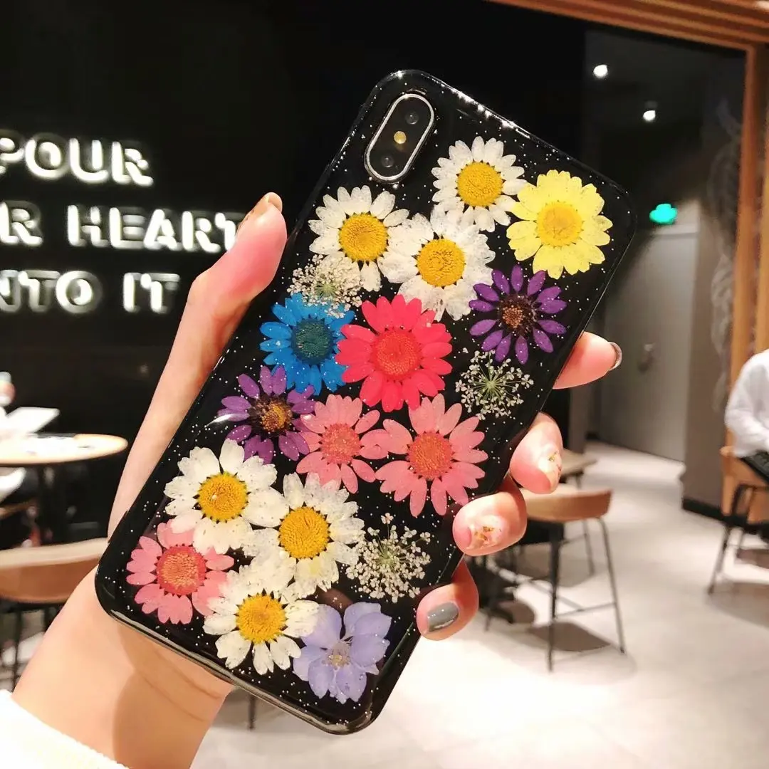 Настоящие засушенные спрессованные Цветы Чехол для iPhone XR X XS Max 6 6S Plus 7 8 цветочный силиконовый чехол для samsung S10 S10 Plus S9 S8 с пленкой