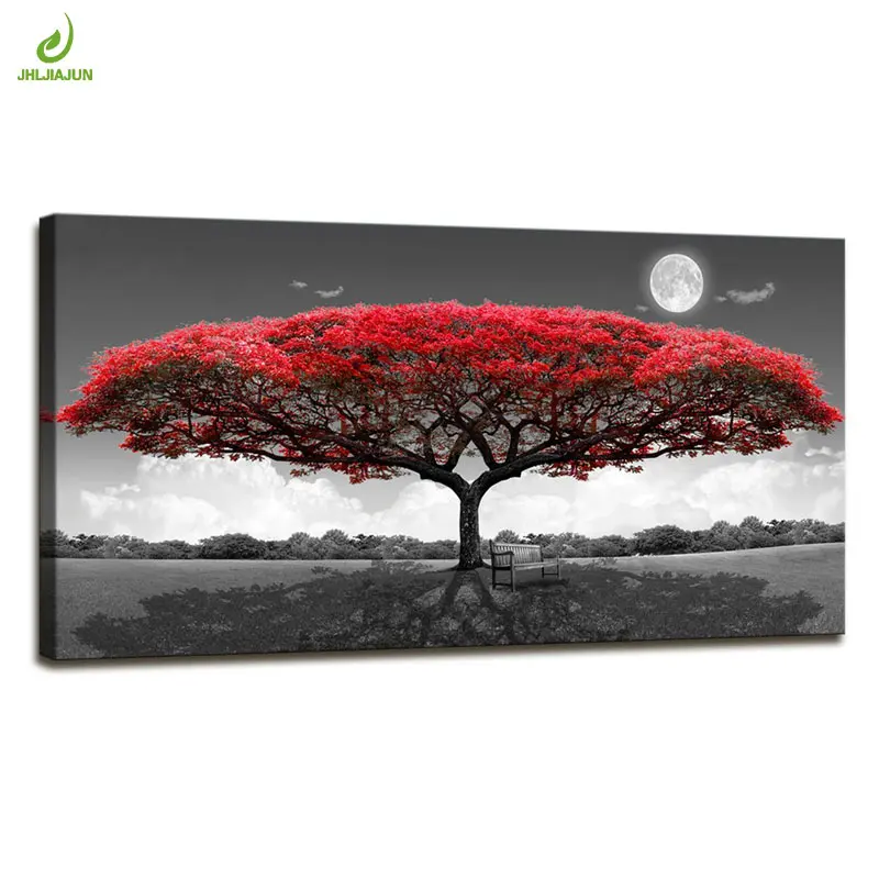 

JHLJIAJUN Single Red Tree Forest Landscape Canvas Painting Horizontal Rectangle Nordic Picture Wall Art For Living Bedroom Decor