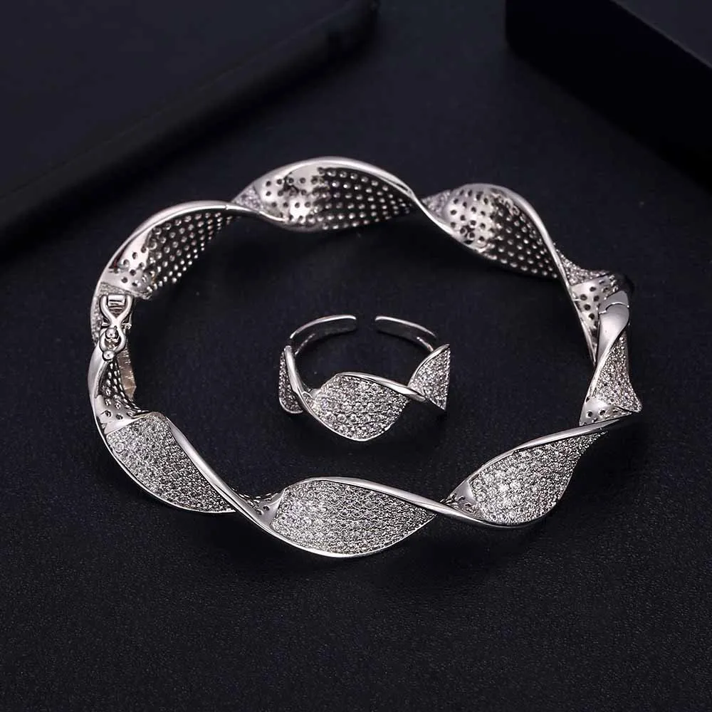 Janekelly Роскошные волна форма браслет кольцо наборы для ухода за кожей Мода Дубай