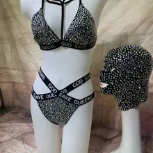 Sexy Black Flashing Crystals Bikini Mask Outfit Bra Short Headpiece Costume Stage Dance Clothing Set