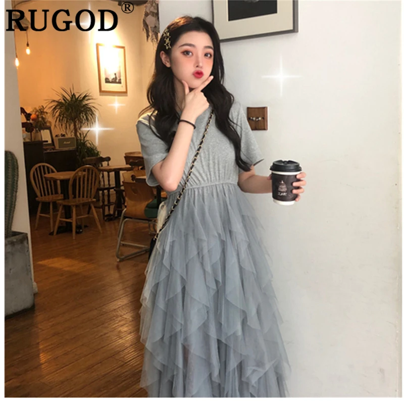 Женское плиссированное платье RUGOD Сетчатое лоскутное с высокой талией свободное